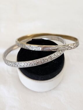 2 Intricate Silver Bangle Bracelets